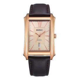 BERNY Mens Business Casual Quartz Watches Stainless Steel Case with Leather Strap Rectangular Watches for Men (Rose Gold