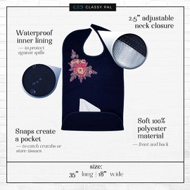 Classy Pal, Adult Bibs for Women, Dress ‘n Dine™ Clothing Protectors for Eating, Senior Adult Bib Terry Cloth Crumb Catcher, Embroidered Design, Waterproof, Reusable, Washable (Mum Brooch)