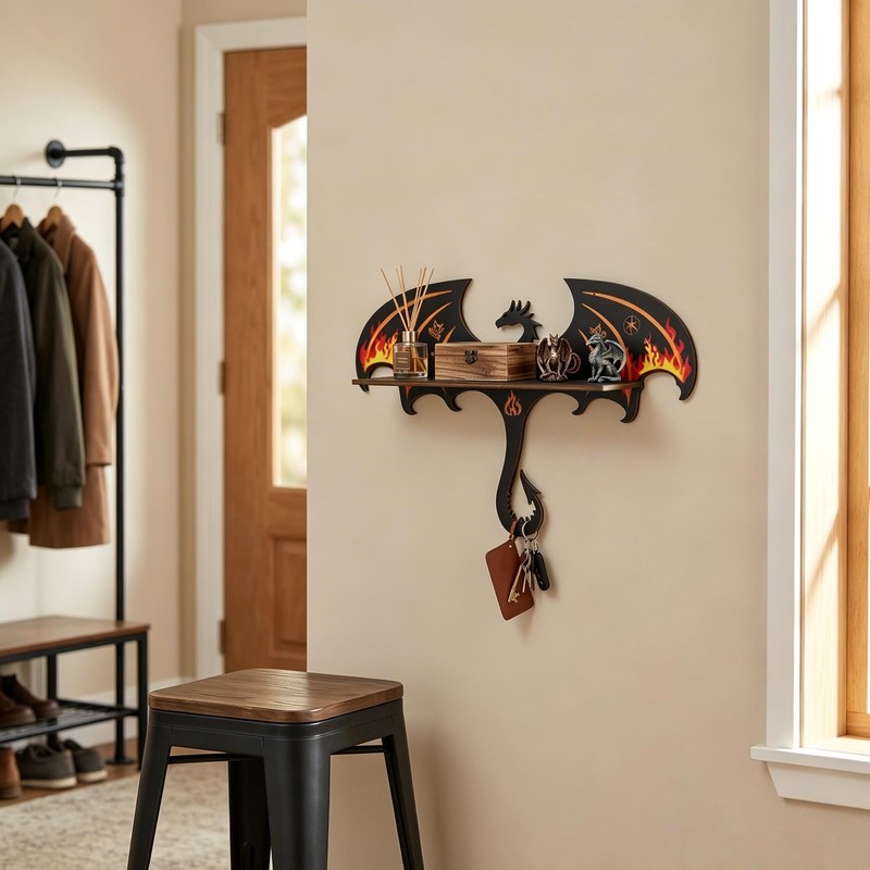 Gothic Evil Dragon Crystal Display Shelf for Wall, Wooden Trinket