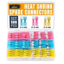 ALBO 500PCS Heat Shrink Male and Female Spade Connectors Kit – AWG 22-10 Waterproof Electrical Terminals, Red Blue Yellow Fully Insulated Wire Terminal Connectors for Marine, and Electrical