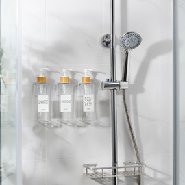 VITVITI Shampoo and Conditioner Dispenser, 17OZ Refillable Shower Soap Dispenser Wall Mounted, Plastic Shampoo/Body Wash Shower Bottles for Bathroom with Pump/Labels, Bamboo (Clear)