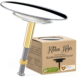 Kitchen Helpis® Universal Bath Plug, Diameter 72 mm Plug, Rustproof and High-Gloss Chrome, 100% Leak-Proof Thanks to Perfect Fit Double Seal, Plug for All Standard Bathtubs as Height Adjustable