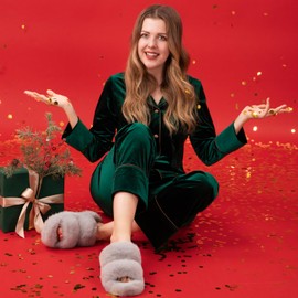 FamilyFairy Women's Fluffy Faux Fur Slippers Comfy Open Toe Two Band Slides with Fleece Lining and Rubber Sole(9-10, Green)