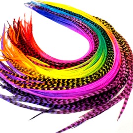 21 Rainbow Tie Dye Color Hair Feathers - 9”- 14” Long - Feathers for Hair Extension, Hair Extension DIY Kit - Eye-Catching Design - 20 Micro-link Beads - 100% Real Rooster Feathers