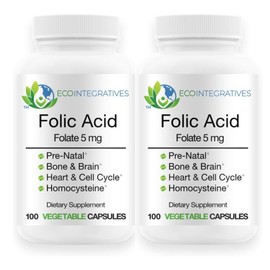 EcoIntegratives Folic Acid Folate 5mg (B9) Prenatal, Reproductive Health, Homocysteine, Metabolism, Cardiovascular, Bone, Immune Support, Allergen Free, Non GMO - 100 Vegan Capsules (2 Pack) (2)