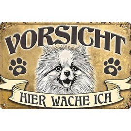 30 x 20 cm Weatherproof Dog Tin Sign, Warning Notice, Gate Sign, Colour Gold, Vorsicht - Hier Wache ich! (Pomeranian Spitz)