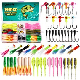 Dovesun 105pcs Crappie Lures with Jig Heads Hooks Kit- Soft Plastic Worms-Tubes Bait 75Pcs 1/16 oz 30Pcs Crappie Jigs Fishing Lures Kit for Saltwater Freshwater Fishing