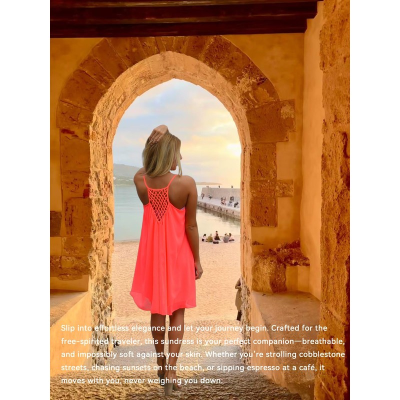 iToolai Women Summer Casual Sundresses Chiffon Beach Shift Dress(Bright Coral,M)