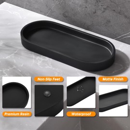 BZOOSIU Bathroom Vanity Tray, Matte Black Round Soap Dispenser Tray for Bathroom Decorative, Jewelry Ring Dish, Comestic Holder, Kitchen Sink Countertop Organizer Plate, Resin Tray
