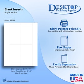 65lb White Printable Index Cards 3x5 - Index Card Sheets for Inkjet & Laser Printers - Perforated cards 4 per page - 25 Sheets / 100 Index Cards