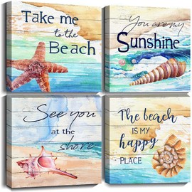 JOFANG 4PCS Canvas Wall Art- Beach Sunshine Seashell Starfish Framed Wall Art for Living Room Pictures for Bedroom Walls Bathroom Decor Kitchen Pictures Wall Decor-12x12in