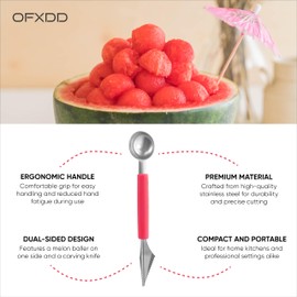 Melon Baller Scoop - Stainless Steel Watermelon Scooper - 2 in 1 Fruit Baller Scoop & Fruit Carving Knife - Double-Sided Decorations Tool for Cantaloupe, Ice Cream, Sorbet