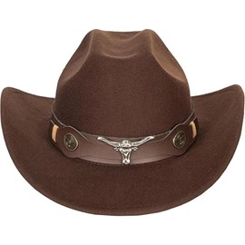 IZUS Women Men Western-Cowboy-Hat Longhorn-Bull Cowgirl-Hats Felt-Rodeo-Gus-Hat for West-Country-Party Medium/Large