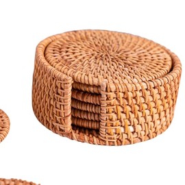 ROSSRORE Handwoven Natural Coasters Set - Boho Seashell & Rattan Heat Resistant Table Pad, Decorative Drink Mats for Home Bar Kitchen Trivets Set 6