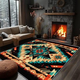 Yoozitrees Aztec Rug Teal - Aztec Rug, 3x5 Rug, Southwest Native American Tribal Area Rug, Colorful Geometric Southwestern Door Mat, Washable & Non Slip & Soft Small Carpet, Aztec Home Decor