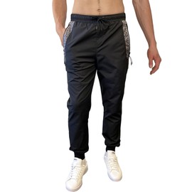 WT02 Men's Quick Dry Tech Woven Nylon Jogger Pants, Monogram Print, Lightweight, Water Resistant, Black, Small Long