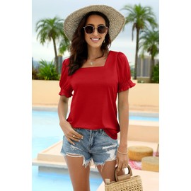 WIHOLL Womens Fashion Square Neck Tops Short Sleeve Red Shirts Summer Outfits Plus Size New Years Eve Clothing 2026 3XL