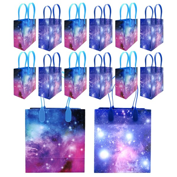 TINYMILLS Galaxy Outer Space Party Favor Treat Bags with Handles, Planet Space Solar System Candy Bags for Birthday Party, Party Supply Decorations Pack of 12