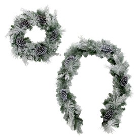 Fraser Hill Farm 24" Wreath and 6-Ft. Garland Set, Snow Flocked with Pinecones, FFCH002SET-0SN
