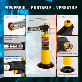 KOOKCOOK Propane Torch Head,Powerful 4-Flame Blow Torch Head Trigger Start Propane Torch with Igniter MAPP Gas Torch Kit Grill Gun on 1-lb Propane Tank Holder for Soldering Welding Brazing Cooking