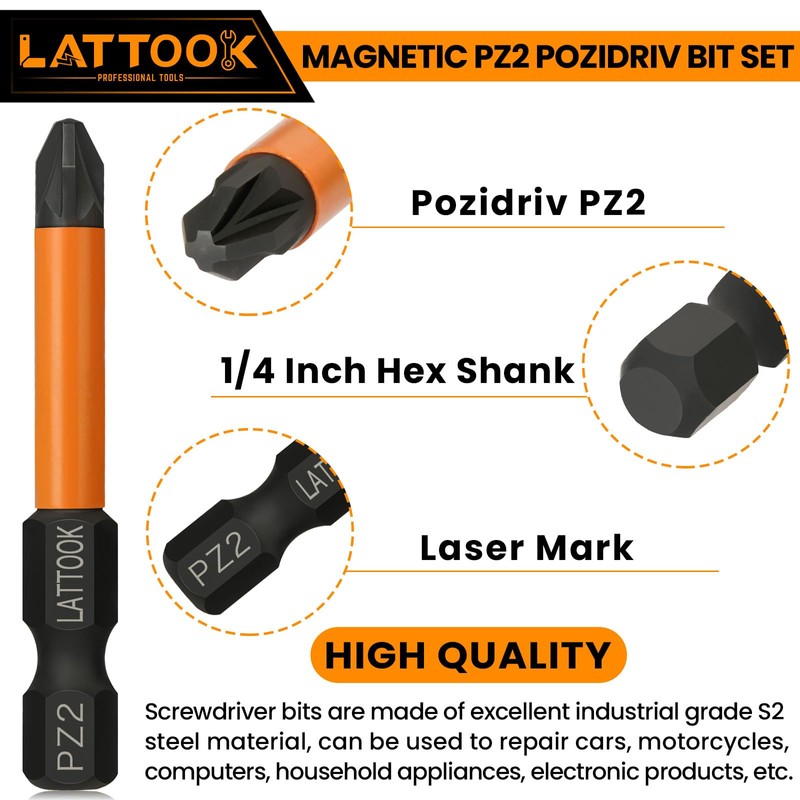 Pozidriv Bit Set, LATTOOK 6-Piece PZ2 Bits Pozi Pozidriv Screwdriver,