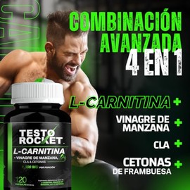 L Carnitina 4en1, 1300mg porcion Carnitina, Vinagre de Manzana, CLAs y Cetonas de Frambuesa  Testo Rocket Carnitina 120 Cpsulas                       