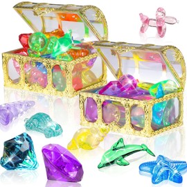 Graplan Diving Toy for Children, 51 Pieces Diving Jewel Pool Toy with 2 Gold Treasure Chest, Ocean Theme Diving Jewels for Children, Colourful Underwater Gemstone Dive Gem Pool Toy for Children