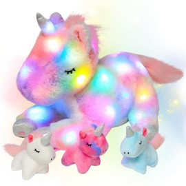 Hopearl Unicornio de peluche LED con iluminación, mamá unicornio con 3 unicornios bebés en su barriga, juego de animales de peluche con luces de noche que brillan en la oscuridad para mamá, niñas
