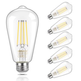 DiCUNO ST64 Edison LED Bulb 60W, Daylihgt White 5000K, 6W LED Edison Bulb, Vintage Filament Light Replacement for Decoration, 800LM, Non-Dimmable, Clear Glass, 80+ CRI, Pack of 6