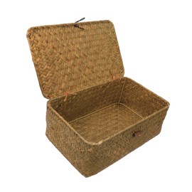 Mobestech Straw Woven Storage Box with Lid Medium Rattan Basket for Sundries Clothes Home Decor Natural Storage for Bedroom and Living Spaces