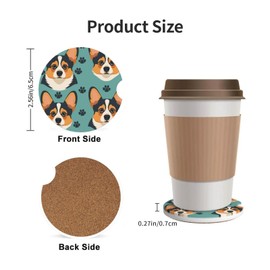 Buyidec Cute Corgi Tricolor Dog Paw Absorbent Car Coasters 2 Pack Cup Holders, 2.56" Ceramic Stone & Non-Scratch Cork Base Drink Coasters Cute Car Assecories for Women Men
