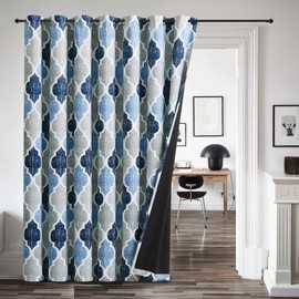 Beauoop 100% Blackout Curtains 84 Inches Long for Patio Sliding Door Blue Grey Extra Wide Moroccan Geo Room Darkening Thermal Soundproof Room Divider Grommet Window Treatment Drapes,100x84 Set of 1