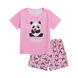 MyFav Girls Pajama Set Cute Girls PJS Shorts Summer Sleepwear Nighty Comfy Kids Sleep Cloth,Pink Panda,12Y