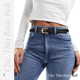 XZQTIVE 2Pack Women Leather Belt for Jeans Pants Fashion Skinny Belt 0.7" Thin Ladies Basic Belt for Dresses with Gold Buckle,Fits Waist Size 42"-46"(Black+Coffee)