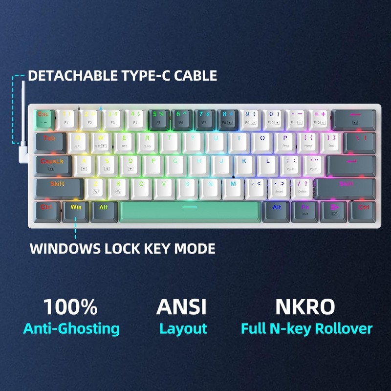 Machenike K500A-B61W 60% Mechanical Wireless Gaming Keyboard, 61 Keys Ultra-Compact