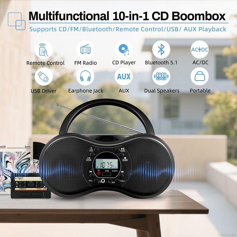 DGXWLLW Portable CD Player Boombox for Home with FM Radio,