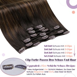 LaaVoo Brown Clip-In Real Hair Extensions, 50 cm, Balayage Real Hair Extensions, Clip-In Remy Human Hair, Brown, Ombre Light Brown Hair Extensions, Real Hair Clip-In, Double Wefts 135 g, #2/8/2