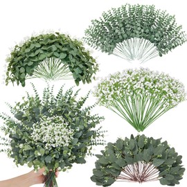 Faylifeway 240 Pcs 4 Kinds Mixed Faux Eucalyptus Stems, Baby Breath Flowers Artificial Bulk with Greenery Stems for DIY Bouquets Wedding Home Floral Greenery Decor