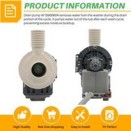 tauuio W10906604 Washer Water Pump Compatible with Whirl.pool Ken.more Amana Washer Replace W10882103 W11176426 4460932 AP6036154 PS11769645 EAP11769645