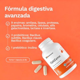 Enzimas Digestivas con Probióticos y Prebióticos 300 mg +Inulina - 60 Cápsulas - 3 Billones CFU - OptiZyme - Suplemento Alimenticio con Lactasa, Brome