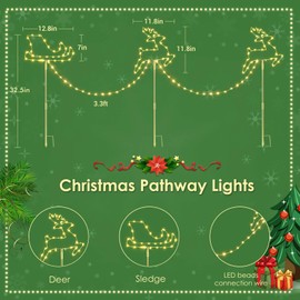 Quntis Christmas Pathway Lights Outdoor Plug in, 3Pcs 129 Warm White & Multicolor LED Elk and Sleigh Stake Lights with Timer Memory, 8 Twinkle Mode, IP65 Waterproof for Yard Garden Lawn Walkway
