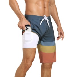 Nonwe Men's Long Board Trunks with Compression Liner Quick Dry Classic Beach Shorts Gray&Orange 32