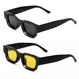 Teumire Retro Rectangle Polarized Sunglasses for Small Face Women Men Chunky Square Thick Frame Glasses UV400 Protection(Black/Grey+Black/Clear Yellow)