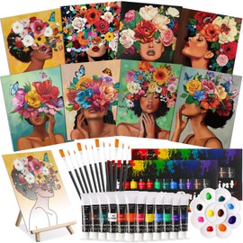 Cholemy 36 Pcs Paint and Sip Kit for Adults 8'' x 10'' Pre Drawn Canvas for Painting DIY Afro Acrylic Couples Painting Kit Wood Easel Brushes Paint Date Night Kit for Party Gifts(Flower Lady)