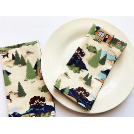 Camp Life - Set of 2 Print Napkins - 17 inches square - 100% Cotton Fabric - Beige with multi - Hemmed Squares - Homemade in Texas (17, Standard) (17, Standard)