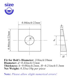 20 PCS 3/8 Beveled Square Washers in Plain Carbon Steel Oxidized,3/8(ID) x7/8x7/8 Inch for Channel Steel Wedge Shaped Washers for Shim Leveling,2 to 5.5 mm Thick,Black,LXLVOUEG