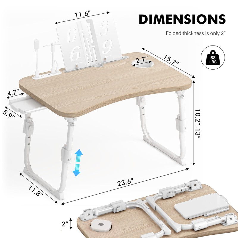 Lap Desk for Bed Adjustable Height, Foldable Bed Table with