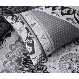 Sleepdown Duvet Cover Set - Paisley Mandala Geometric - Abstract Reversible Quilt Cover Easy Care Bed Linen Soft Cosy Bedding Sets with Pillowcase - Black Grey - Single (135 cm x 220 cm)