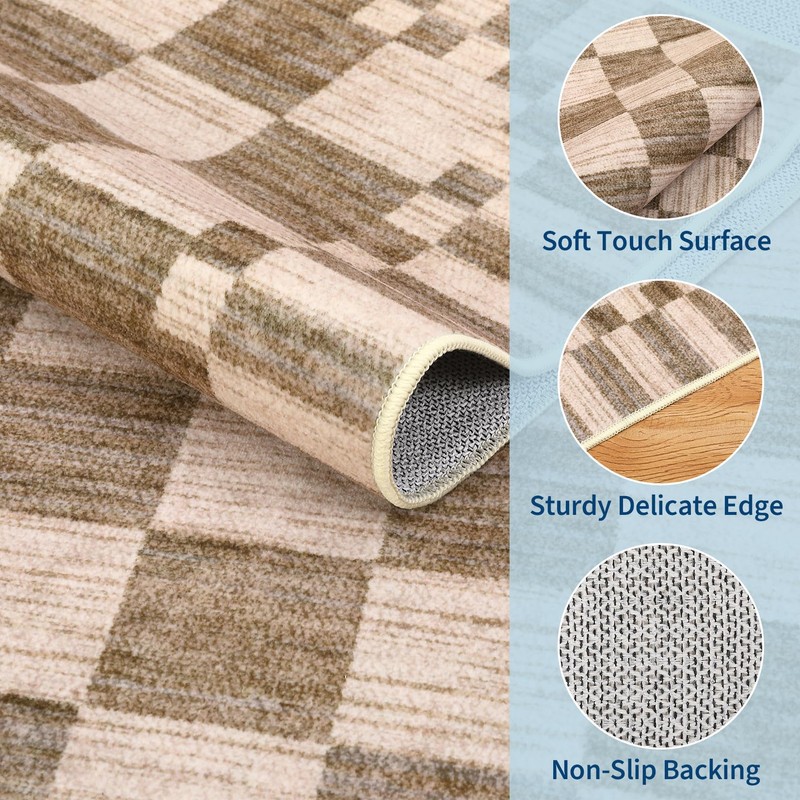 GarveeHome 2×6 Kitchen Runner Rug Non Slip Brown Checkered Rug,Washable