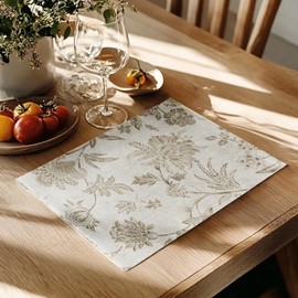 JINCHAN Floral Placemats Set of 4 Farmhouse Linen Placemats Cloth Table Mats Gray Leaf Printed Flax Cloth Rustic for Kitchen Dining Home Decor Holiday Washable Tablemats 13x19 Inch Taupe